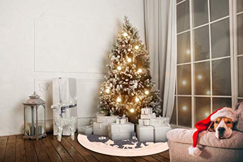 Christmas Tree Skirt, Fur Rustic White Xmas Tree Skirt,Snowy Christmas Trees Mat Decorations Indoors,Deer and Snowflake Pattern (36 inches, Two Deers)