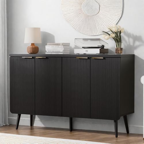 Buffet Cabinet with Storage, Fluted Multifunctional Storage Cabinet with 4 Doors, Modern Sideboard Buffet Credenzas for Living Room, Entryway, Hallway, Black