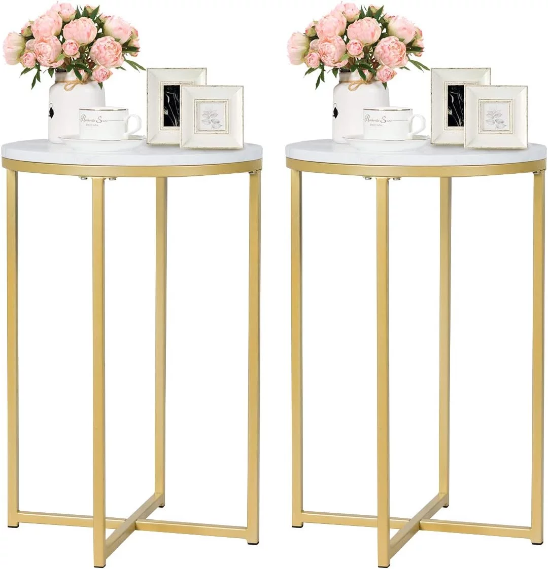 Faux Marble Side Table Set Of 2, Round End Table W/Golden Metal Frame & White Marble Top, Modern Small Bedside Accent Table For Living Room Small Space