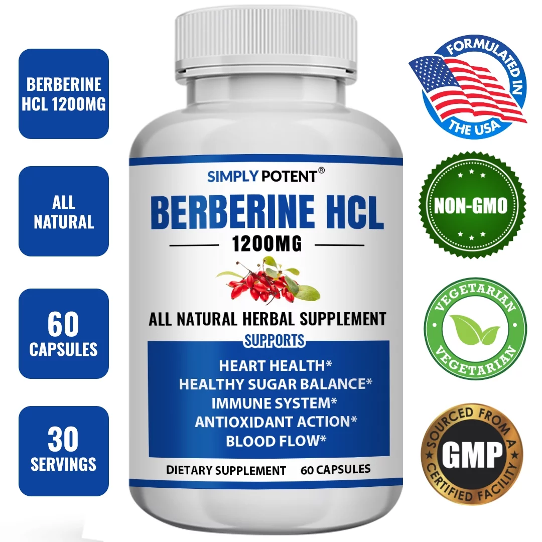 Berberine HCL 1200 mg, Berberine Top Choice Supplement for Heart Health, Immune System, Blood Flow & Sugar Balance, Stronger Than Berberine 500mg, 60 Capsules