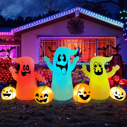 SEASONBLOW 8 Ft Long Halloween Inflatable Three Ghosts with Pumpkin Decoration LED Light Up Blow Up Ghost Halloween Inflatables Outdoor Decorations for Party Garden Yard Lawn Decor