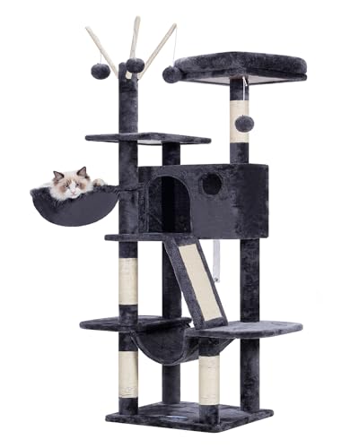 Hey-brother Cat Tree, 61 inch Cat Tower for Indoor Cats, Cat House with Padded Platform Bed, Toy Balls, Large Cozy Condo, Hammocks and Sisal Scratching Posts, Smoky Gray MPJ019G