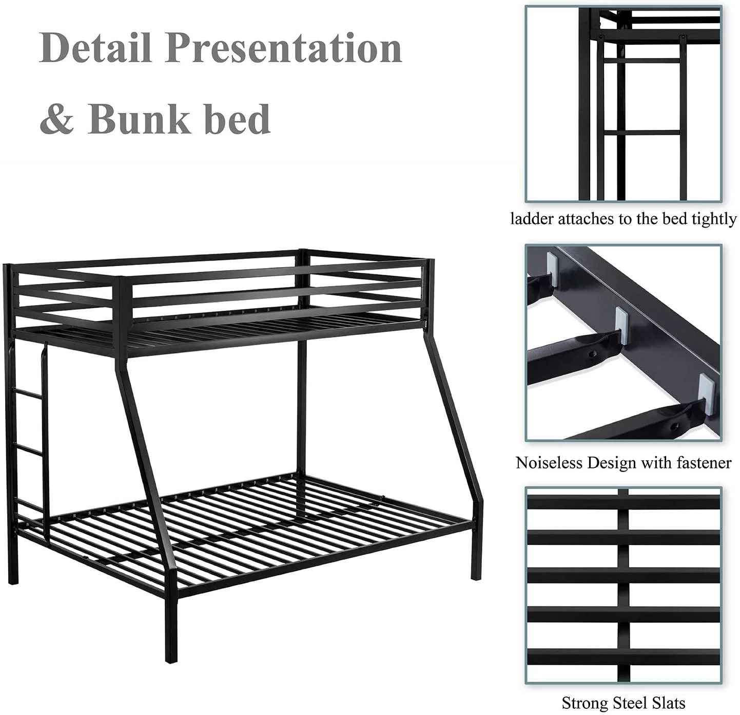 Allewie Twin Over Full Metal Bunk Bed with Removable Stairs & Full-Length Guardrail, Black