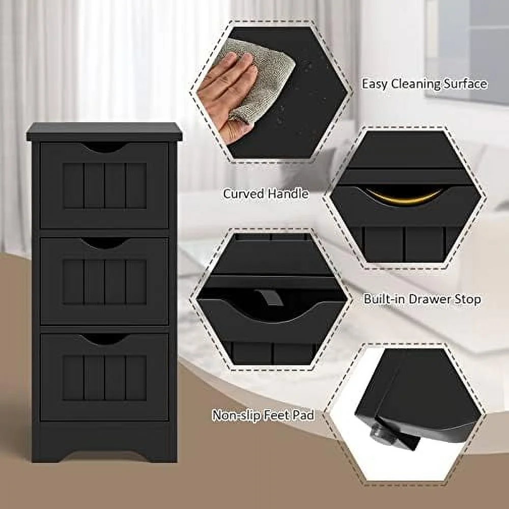 HJZBNONE Bathroom  Cabinet  Space-Saving Slim  Cabinet with 3 Drawers  Freestanding Wooden Narrow Floor Cabinet for Living Room Bathroom Bedroom Entryway (Black)