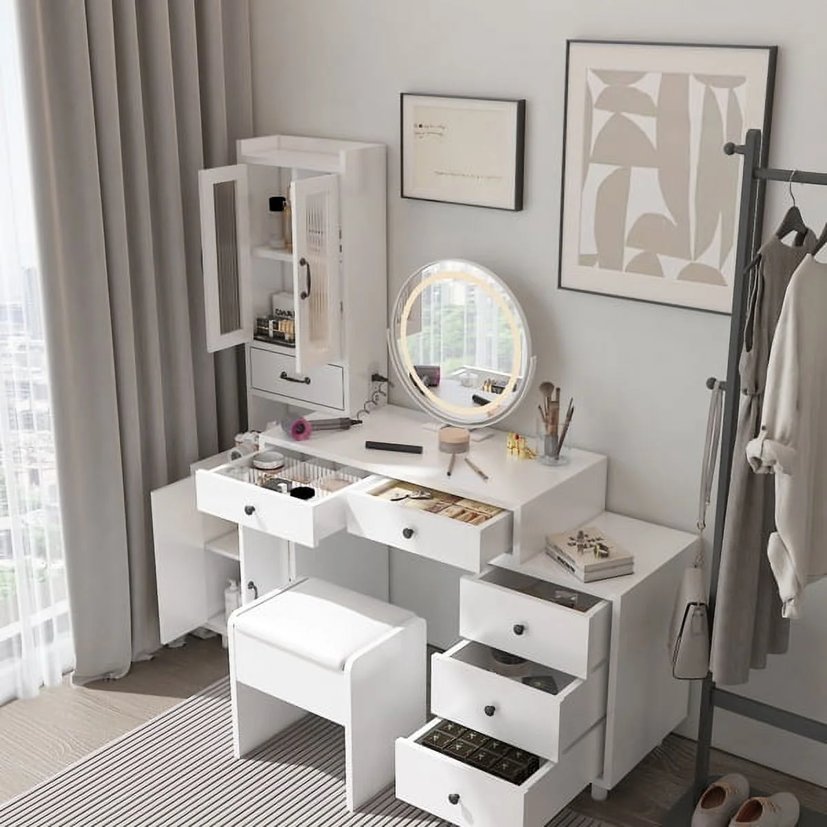 SYTHERS Makeup Vanity: Modern Retractable Dressing Table with Power Outlets