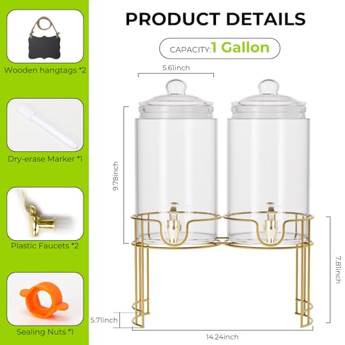 Glass Drink Dispensers For Parties, 2 PACK 1 Gallon Beverage Dispenser With Stand And Spigot Leak proof. Lemonade Dispenser With Ice Cylinder and Chalk board