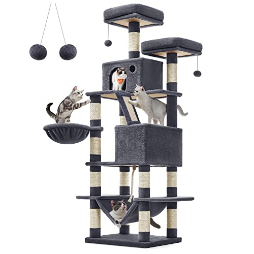 Feandrea Cat Tree, 81.1-Inch Large Cat Tower with 13 Scratching Posts, 2 Perches, 2 Caves, Basket, Hammock, Pompoms, Multi-Level Plush Cat Condo for Indoor Cats, Smoky Gray UPCT190G01