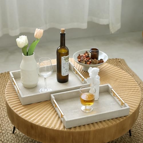 Set of 2 Shagreen Serving Tray with Gold Polished Metal Handles Black Decorative Wood Tray PU Leather with Brushed Gold for Coffee Table Ottoman Console Table Decor