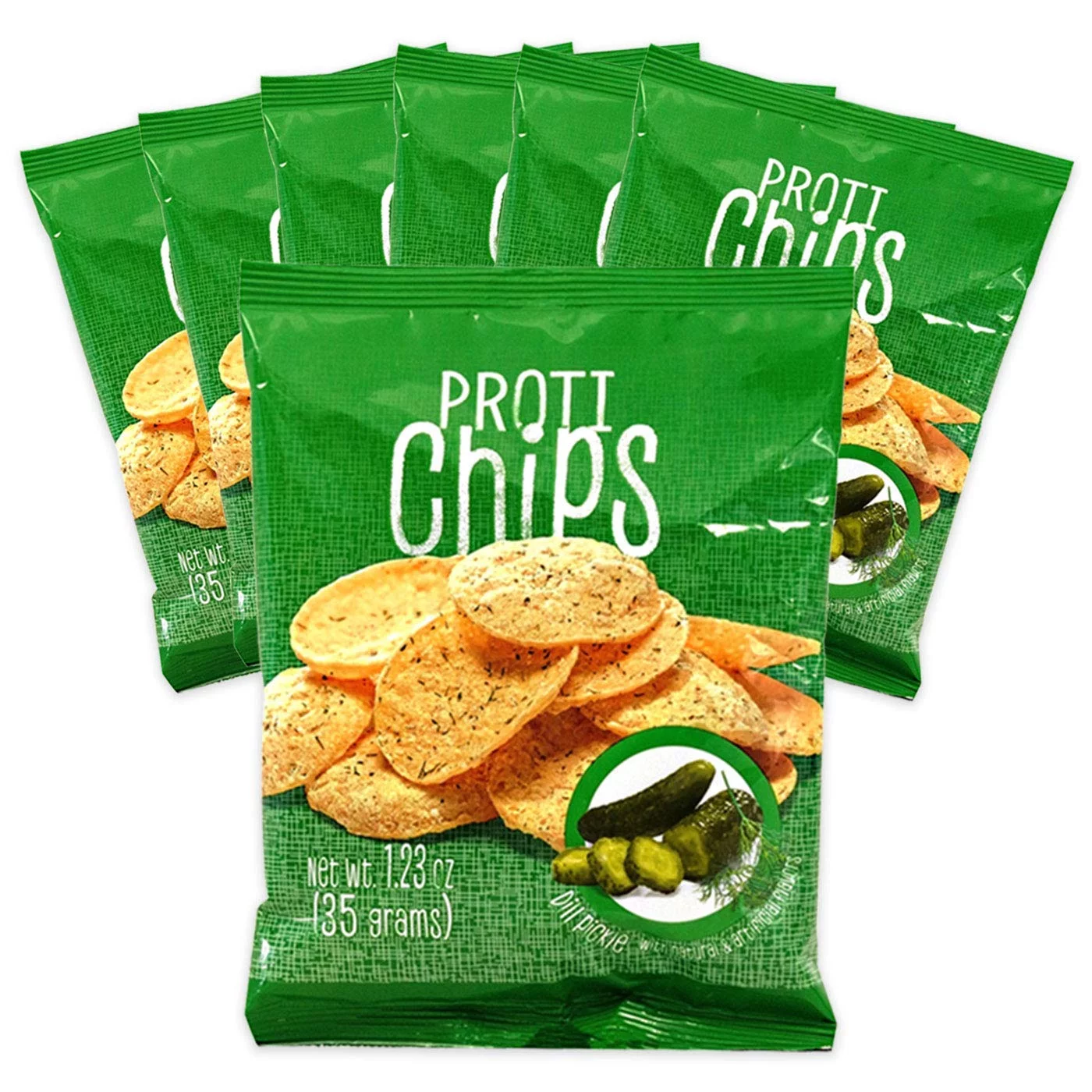 7 Bag Pack High Protein Proti Chips, High Fiber, Low Calorie, Low Carb, Low Fat, Gluten , Ideal Protein Compatible, 7 Single Bag Servings (Dill Pickle)