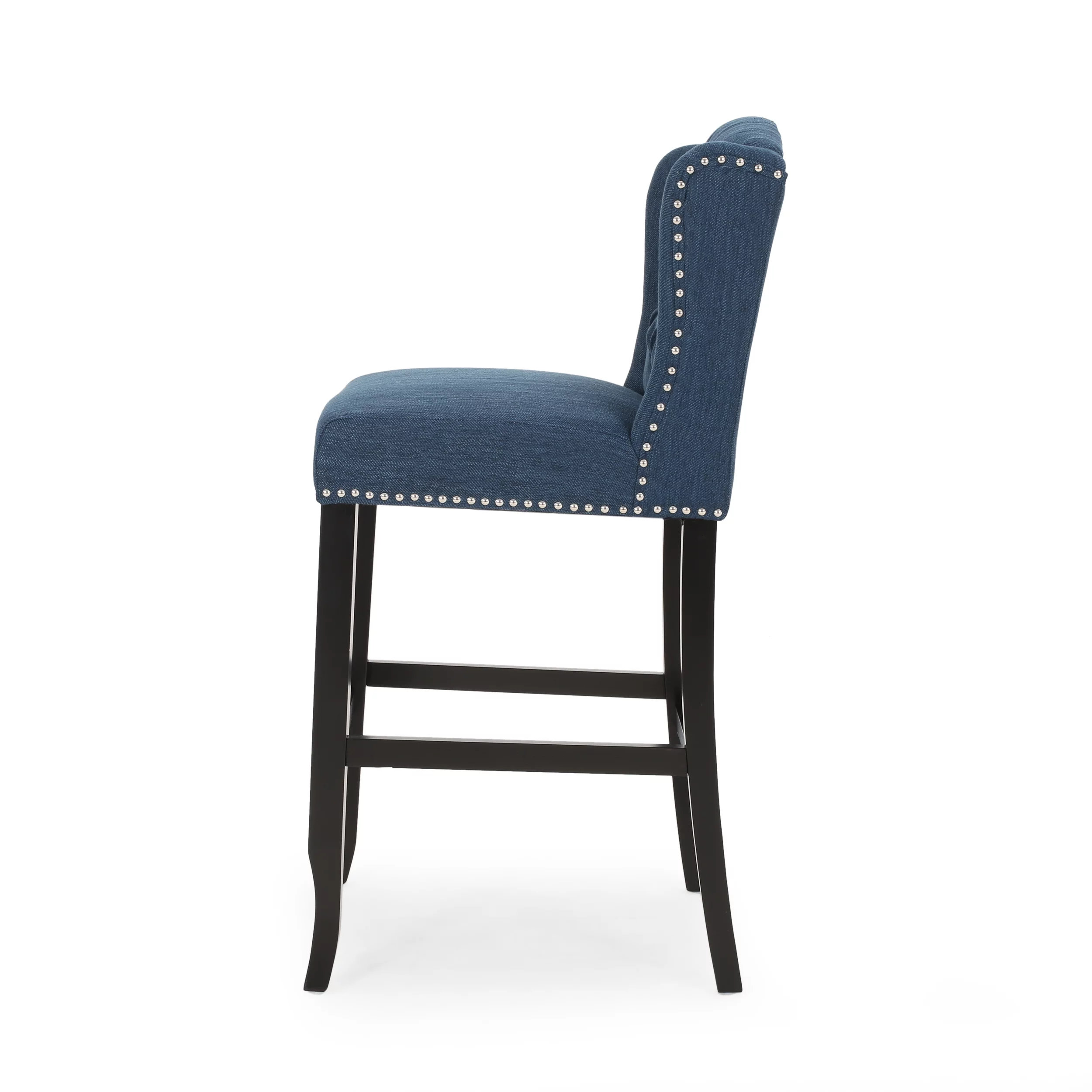 Noble House Christopher Wingback Barstool, Set of 2, Navy Blue, Dark Brown