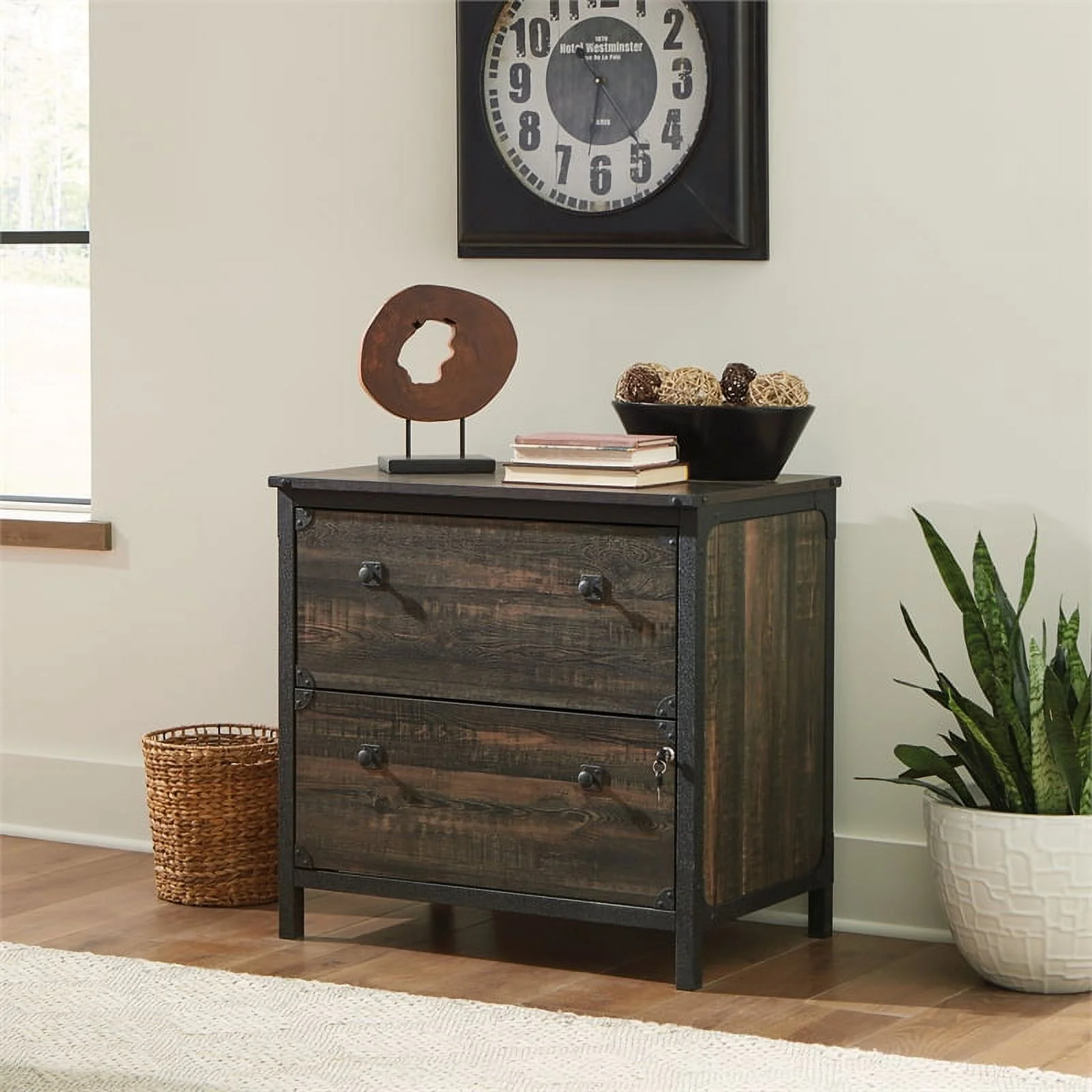 Home Square 2-Piece Set with Lateral File and Library Hutch in Carbon Oak