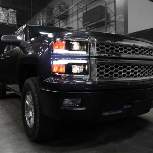 Fits 2014-2015 Chevy Silverado 1500 Upgraded Dual Projector Headlights LED Switchback Sequential Turn Signals + Animated Startup Effect Assembly Pair | Black | Chrome Trim