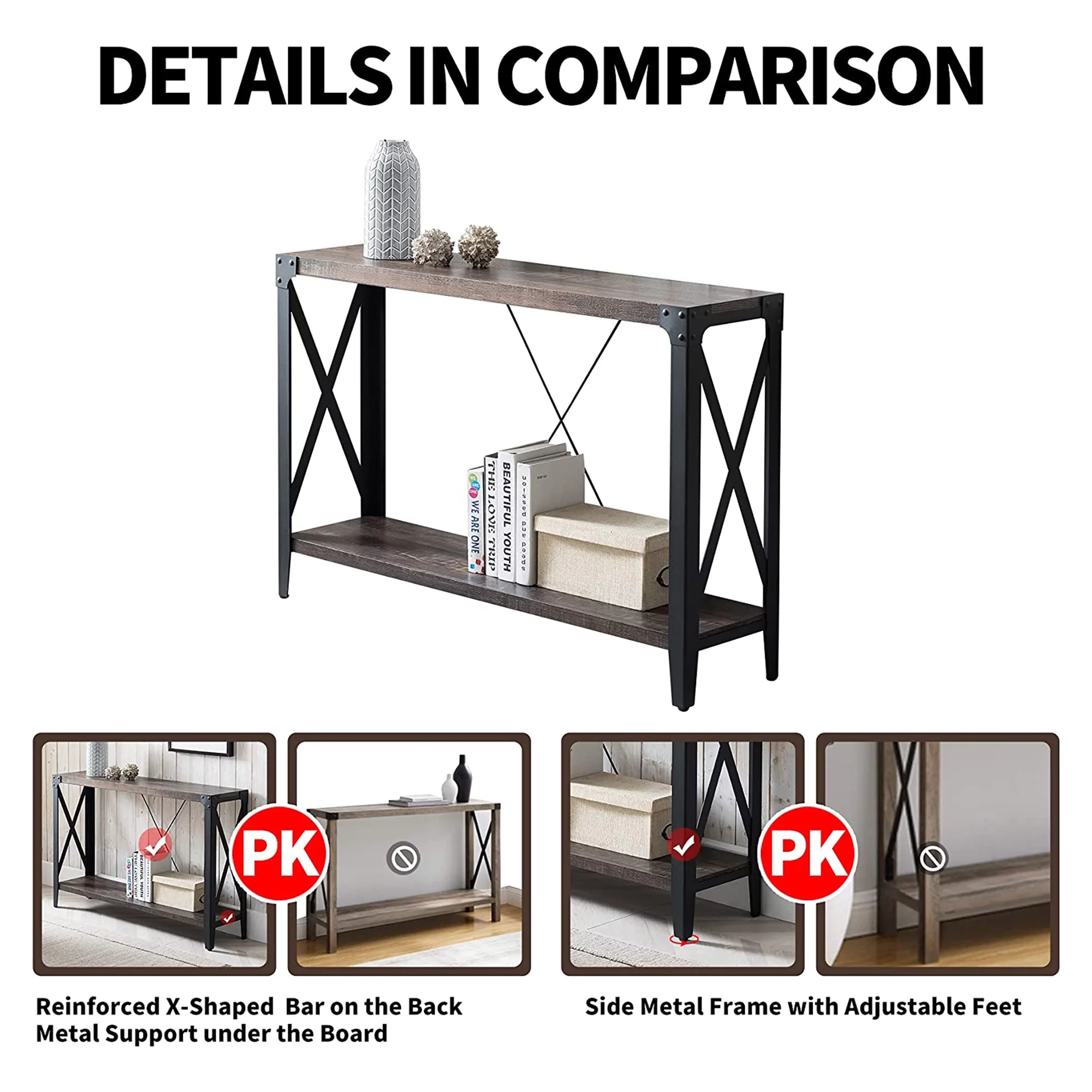 OKD 46 Inch 2-Tier Console Hallway Entryway Accent Table, Dark Rustic Oak