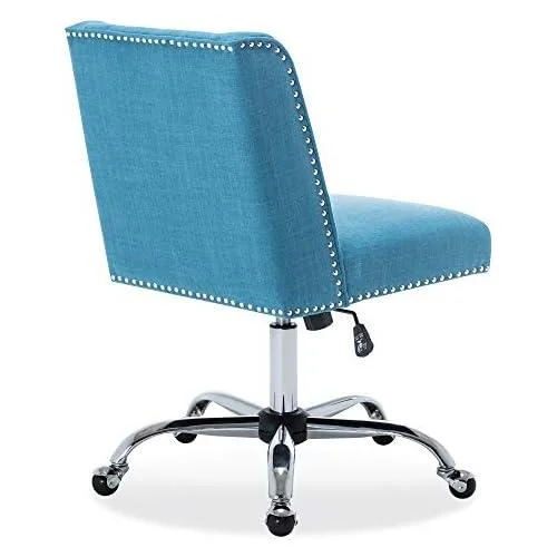 Modern Upholstered Linen Office Chair With Nailhead Trim, Armless Adjustable Height Swivel With Wheels, Stylish Farmhouse Computer Desk Seating - Blue