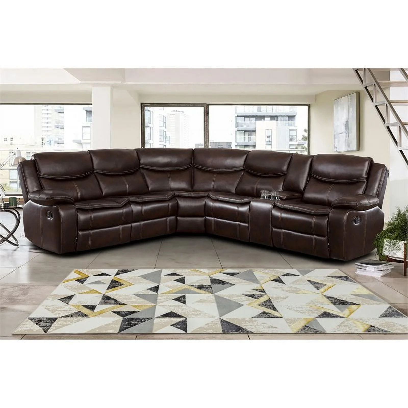 Lexicon Bastrop 3-Piece Traditional Wood & Faux Leather Sectional Set in Brown