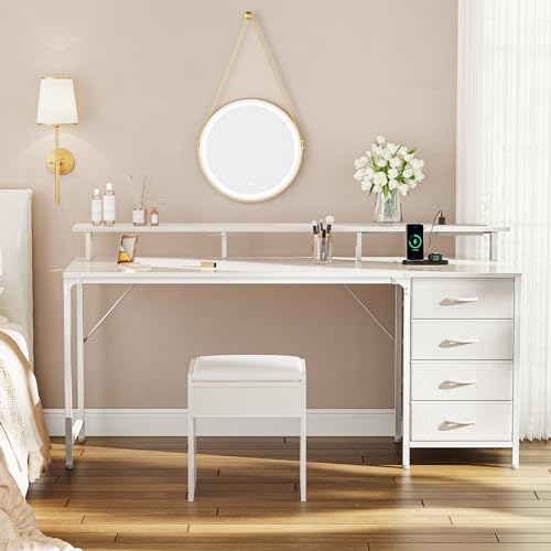 Huuger 47 Inch Computer Desk with Power Outlets and LED Lights, Gaming Desk with 4 Drawers, Office Desk with Monitor Stand, Study Work Home Office, Small Spaces, Black