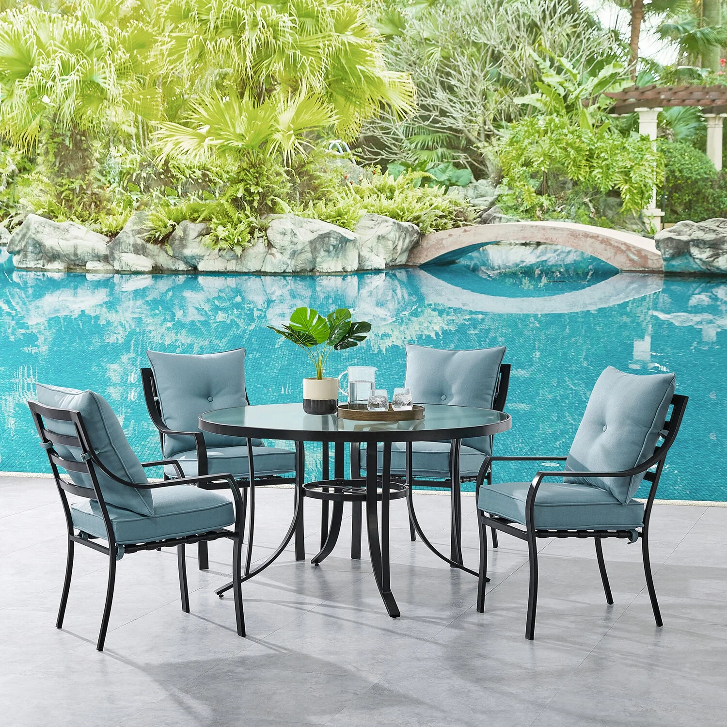 Hanover Lavallette 5-Piece Dining Set in Ocean Blue with 4 Stationary Chairs and a 52-In. Round Glass-Top Table