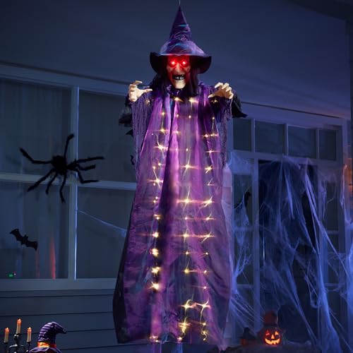 JOYIN 72” Hanging Witch Halloween Decorations Outdoor, Talking Flying Ghost Front Porch Decor Haunted House Sound Activated Light Up Eyes Purple Ragged Robe