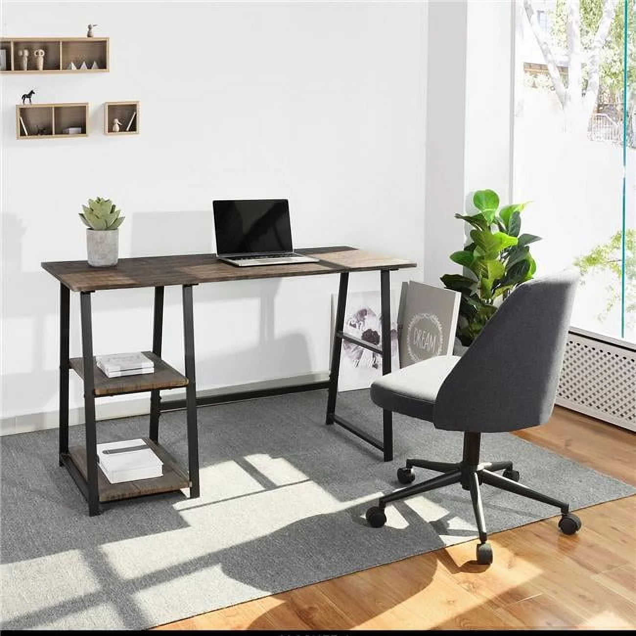 Modern Geo Oak Home Office Table with Storage Shelves