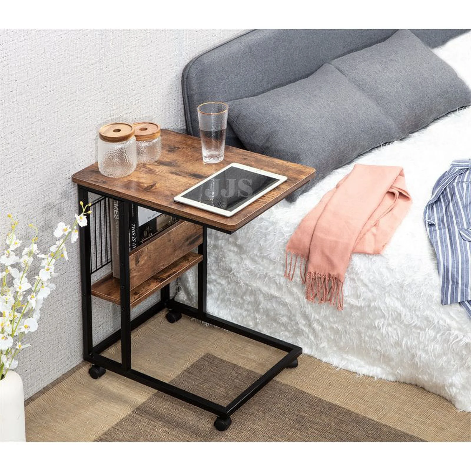 Eden Home Modern Wood End C Table with Magazine Holder in Rustic Brown