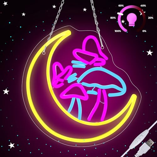 Moon Mushroom Neon Sign Dimmable,Cute Neon Lights for Wall Decor USB Powered,Mushroom LED Light Signs for Bedroom Game Room Living Room Bar Party Birthday Gift (11.8”x12”)
