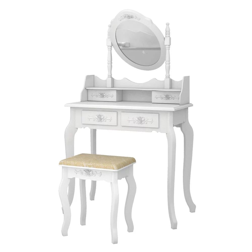 SalonMore White Vanity Table Set ,Makeup Vanity Dressing Table with 4 Drawers & Padded Cushioned Stool, Gift for Mom, Girls, Women, Bedroom