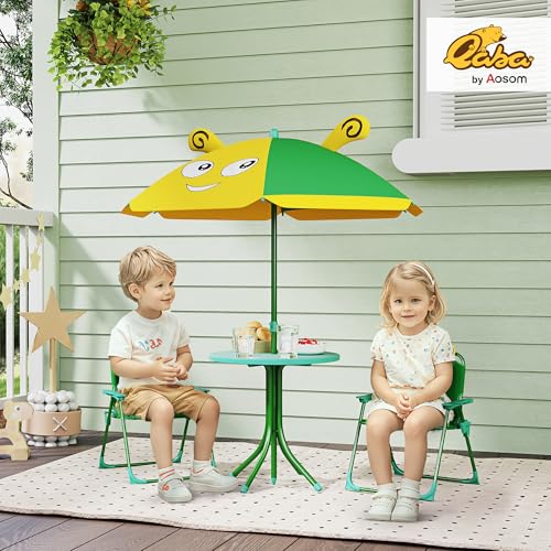Qaba Kids Picnic Table and Chair Set, Outdoor Activity Table with Foldable Chairs, Removable Umbrella, Rainbow Pattern Toddler Patio Furniture for Backyard, Garden, Pink