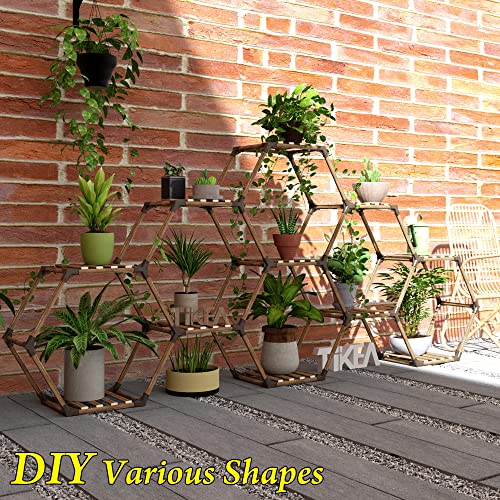 Tikea Plant Stand Indoor Hexagonal Plant Stand for Multiple Plants Indoor Outdoor Large Wooden Plant Shelf Creative DIY 6 Tiered Flowers Stand Rack for Living Room Balcony Patio Window