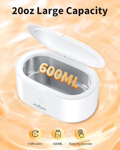 Ultrasonic Jewelry Cleaner Machine, JeaTone 20oz 46KHz Professional Ring Cleaner with 304 Stainless Steel Tank for All Jewelry, Eyeglasses, Watch Strap, Retainer, Dentures White