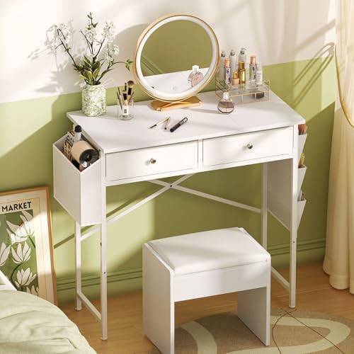 White Vanity Desk with Fabric Drawer, 32 Inch Small Makeup Vanity Desk No Mirror No Chair, Girls Dressing Table with Side Pocket, Modern Vanity Table for Cosmetics, Hair Tools in Bedroom Dressing Room