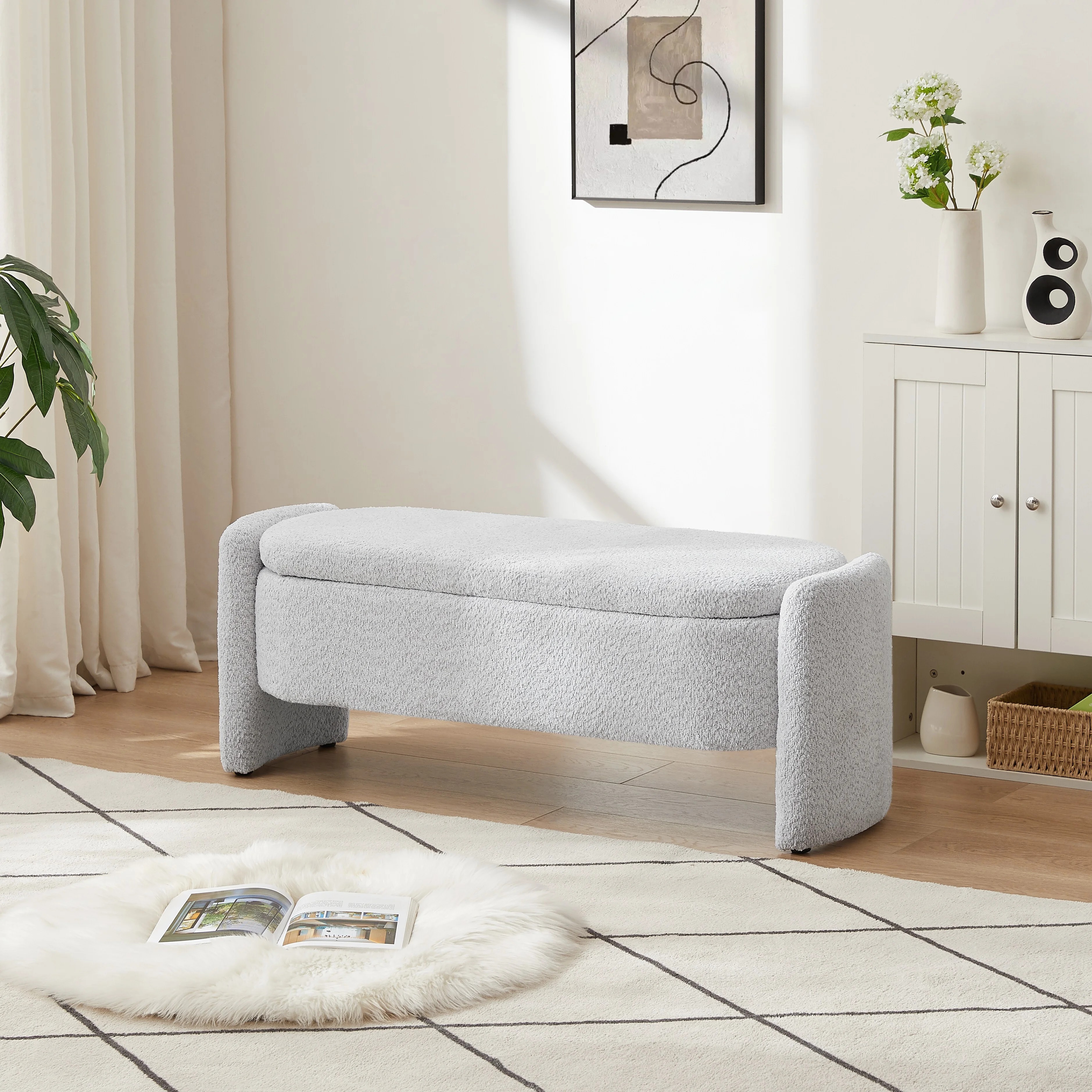 Oval Ottoman Storage Bench in 3D Lamb Fleece Fabric - Large Storage Space for Living Room, Entryway, Bedroom