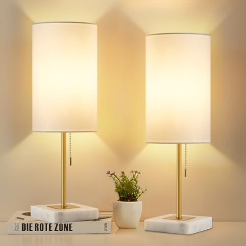 Desk Lamp & Table Lamp Set of 2, Bedside Lamps for Night Stands - Modern Small Table Lamps with Marble Base, Fabric Shade, Mini Pull Chain Bedroom Lamps for Living Room, Office, Reading (Gold)
