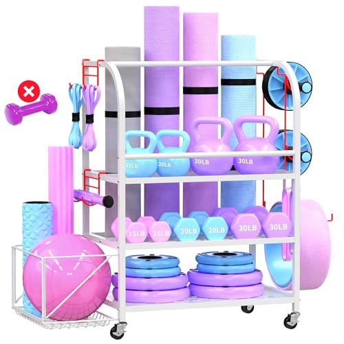 Dumbbell Rack, Weight Rack for Home Gym, 400LBS Metal Home Gym Storage with Lockable Wheels & 4 Adjustable Hooks, Weight Stand for Yoga Mat Storage, Dumbbells, Kettlebell, Foam Roller