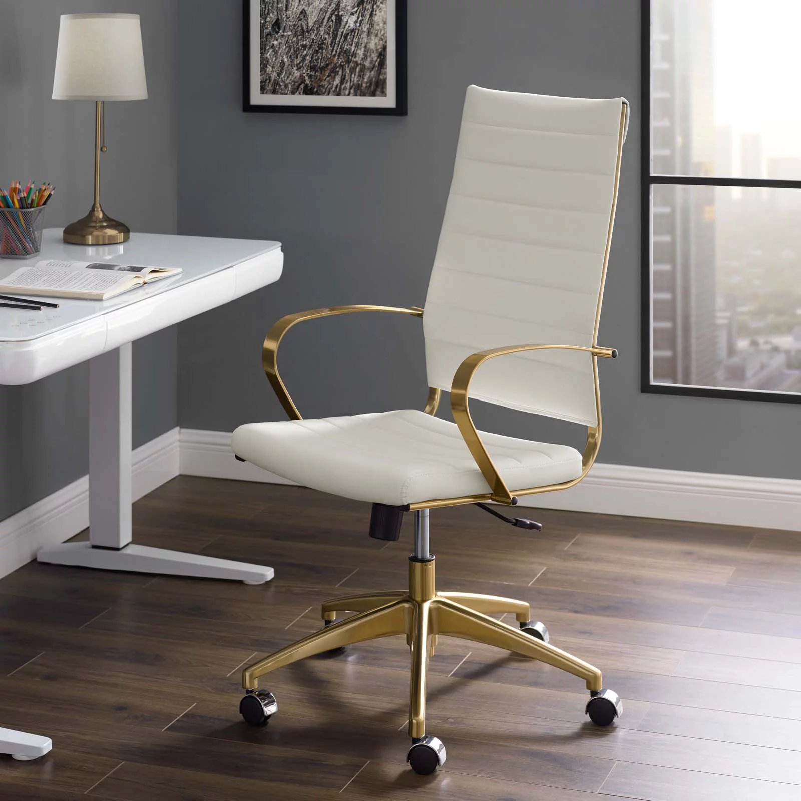 Contemporary Modern Urban Designer Home Business Office Furniture Work Desk Chair, Faux Vinyl Leather Aluminum, Gold White