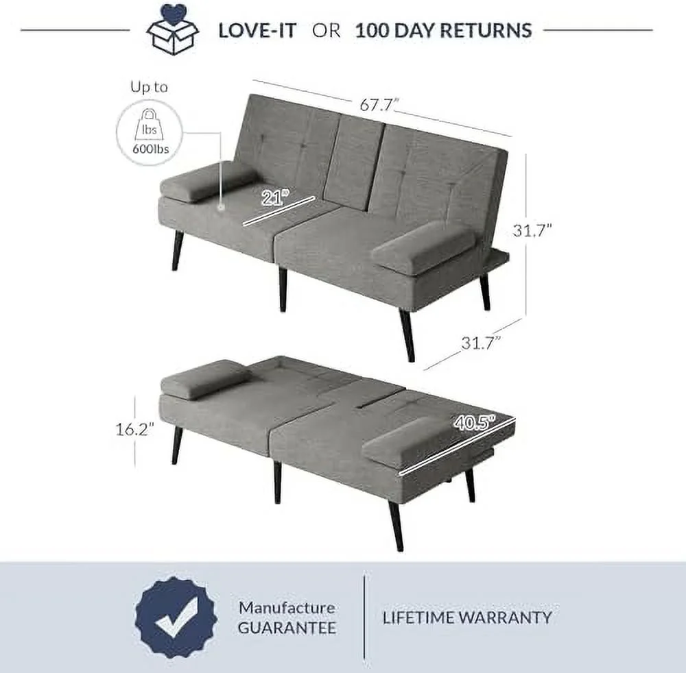 HOOMZNB Futon Sofa Bed  Comfy Couch Convertible Sofa Bed with 2 USB Ports  Removable Armrests and Adjustable Backrest  Modern Loveseat Sofa for Living Room  Small Space - Madison (Black F