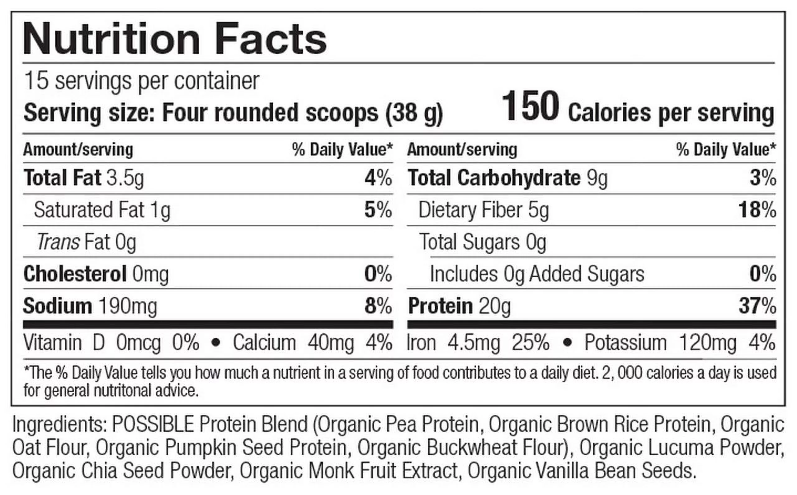POSSIBLE Protein Powder Vanilla Bean - 20g of Vegan, Plant-Based Protein Mix - Non-GMO, Non-Dairy, Gluten-Free - 3.5g of BCAAs - 9 Essential Amino Acids - 15-Day Supply - 1 Bag, 15 Servings