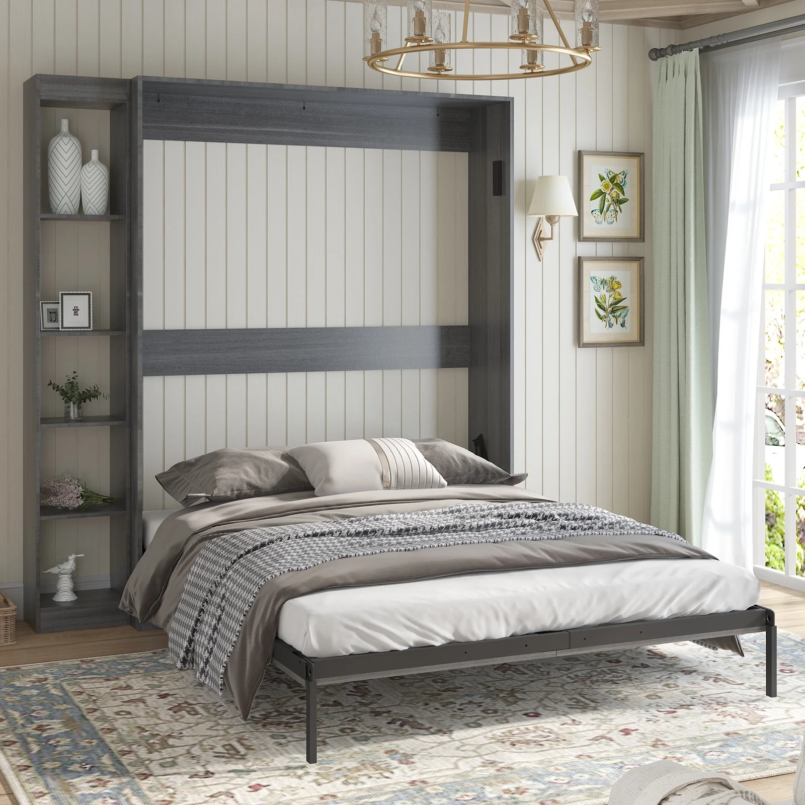 MUZZ Foldable Murphy Bed with 1 Side Cabinet, Folding Wall Bed with Space Saving Design, Fold up Murphy Bed Cabinet for Storage, Multipurpose Cabinet Bed for Bedroom/Apartment (Style5+1,Dark Grey)