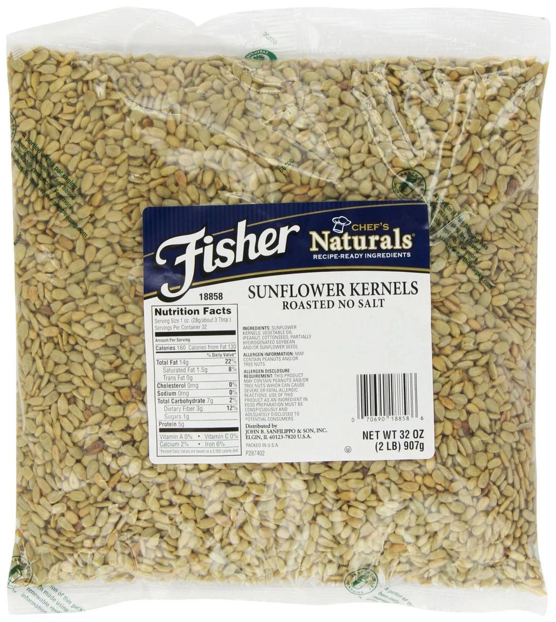 3 PACKS : Fisher Sunflower Kernels, Roasted, No Salt, 2-Pound Packages