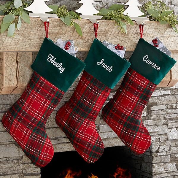 Personalization Universe Holiday Plaid Personalized Christmas Stocking, Emerald Green Velvet Cuff, Embroidered Name, Durable, 100% Polyester, 17