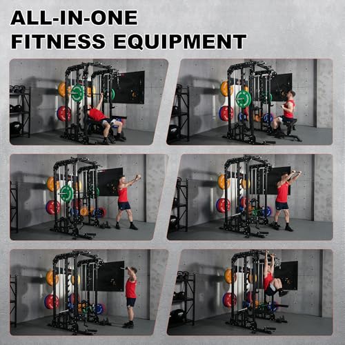 Smith Machine Home Gym with Aluminum Pulley Set - 2000lbs Capacity All-in-One Power Rack with Cable Crossover, Pull-Up Bar & Dip Station, Includes 18 Attachments, P107 Anvil