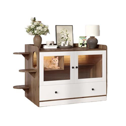 47.25 Inch Multi-Functional Hidden Cat Litter Box Enclosure with Smart Door & LED Light, Modern Cat House with Scratching Post & Stairs, Can be Used as Side Table/TV Stand - White