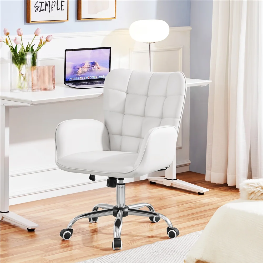 Smile Mart Modern Faux Leather Desk Chair with Mid-back Padded Armrests for Office, White