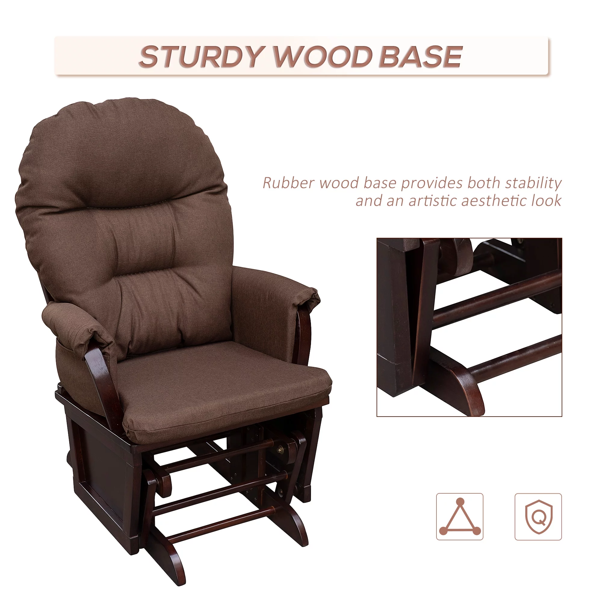 HOMCOM Nursery Glider Rocking Chair with Ottoman, Thick Padded Cushion Seating and Wood Base, Brown