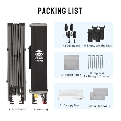 CROWN SHADES 10x10 Pop up Canopy Tent Instant Canopy with 150D Silver Coated Fabric Including 2 Half Sidewalls, 4 Ropes, 8 Stakes, 4 Weight Bags, STO 'N Go Bag, Grid Grey