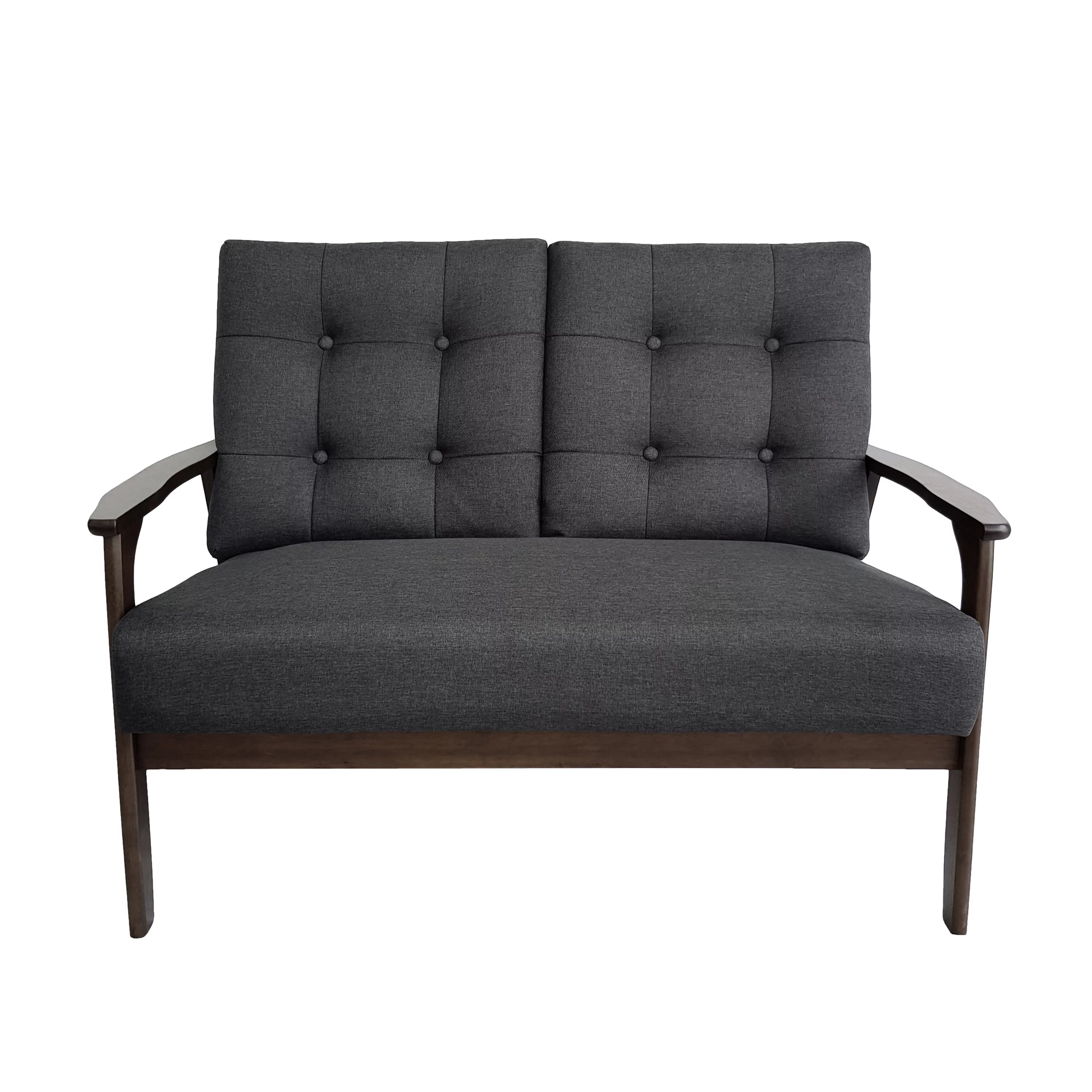 GDF Studio Prescott Mid Century Modern Fabric Tufted 2 Piece Sofa and Loveseat Living Room Set, Charcoal Gray and Walnut