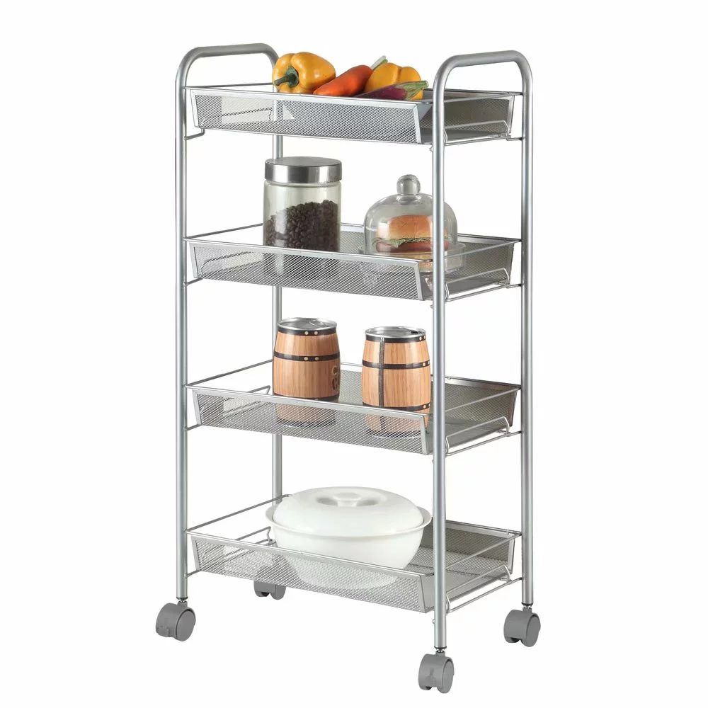 4 Tier Slim Storage Cart Mobile Shelving Unit Organizer Slide Out Storage Rolling Utility Cart Tower Rack for Kitchen Bathroom Laundry Narrow Places, Plastic & Stainless Steel, Silver