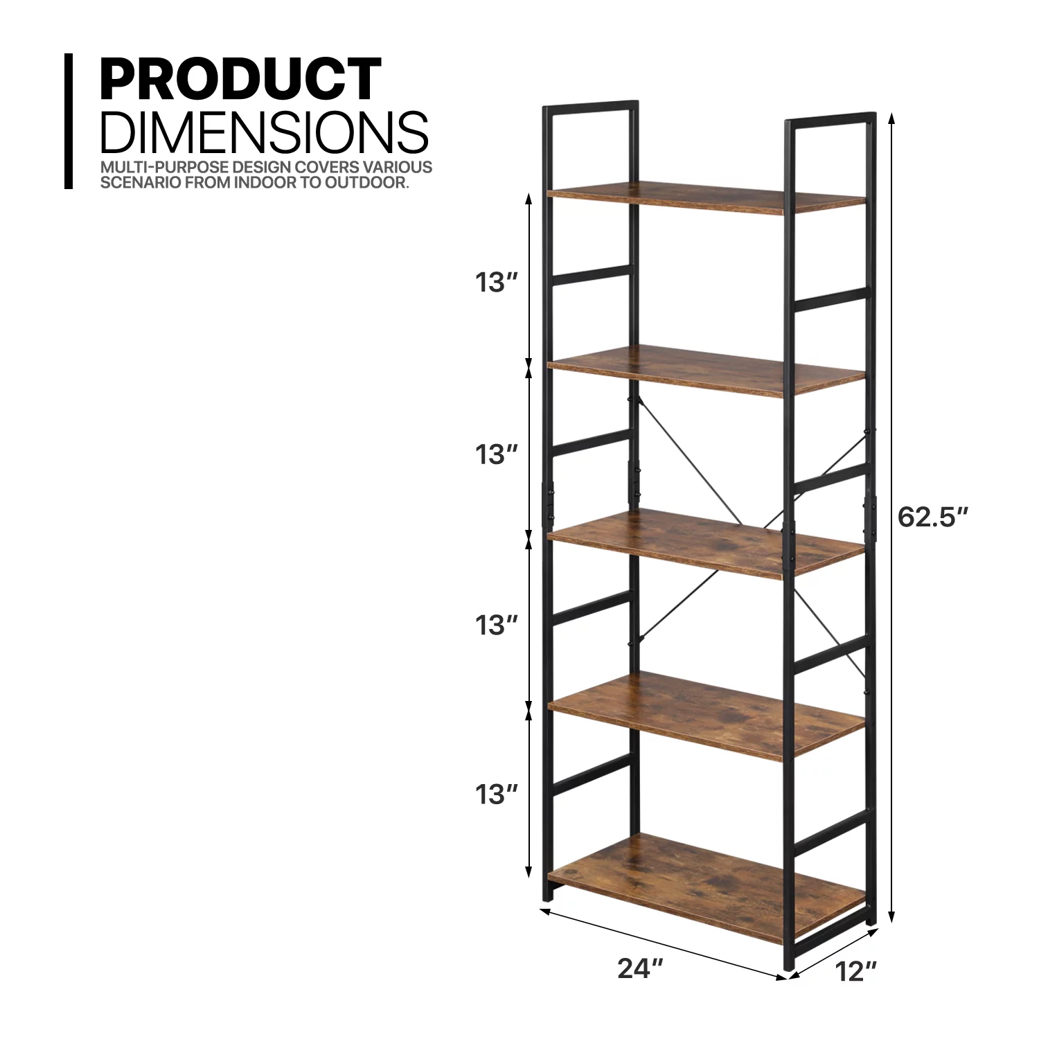 MoNiBloom 5 Shelves Rustic Bookcase, Industrial Shelf Unit, with Metal Frame Modern Office Home Display Shelves, Brown