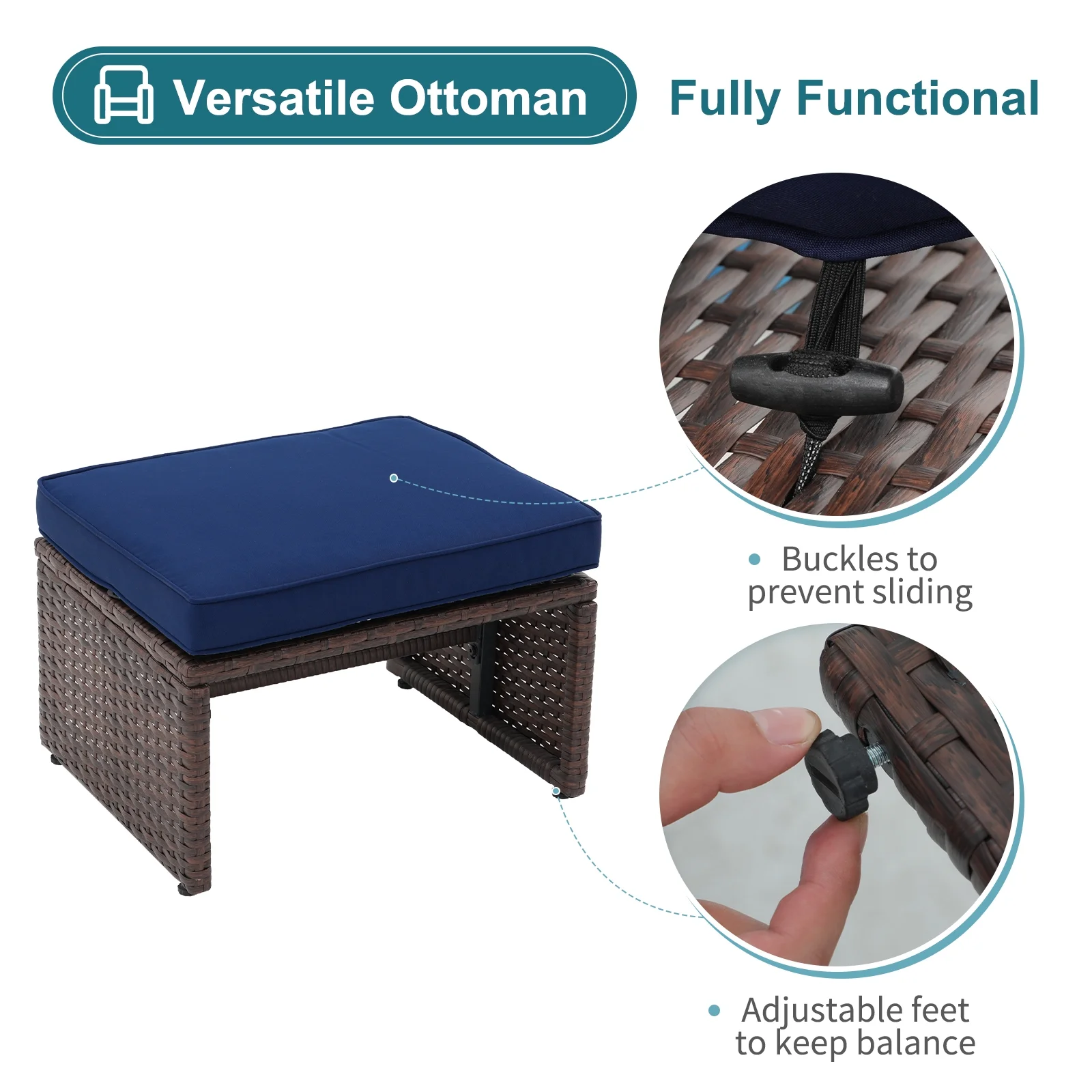 OC Orange-Casual 5-Pcs Patio Conversation Set, Balcony Furniture Set with Cushions, Brown Wicker Chair with Ottoman & Storage Table, Navy Blue