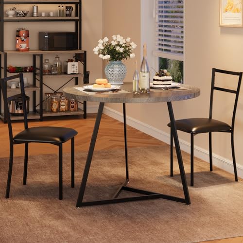 GAOMON Dining Table Set for 2, Kitchen Table and Chairs for 2 with Upholstered Chairs, 3 Piece Dining Room Table Set, Round Kitchen Table Set for Small Space, Apartment, Studio, Rustic Brown