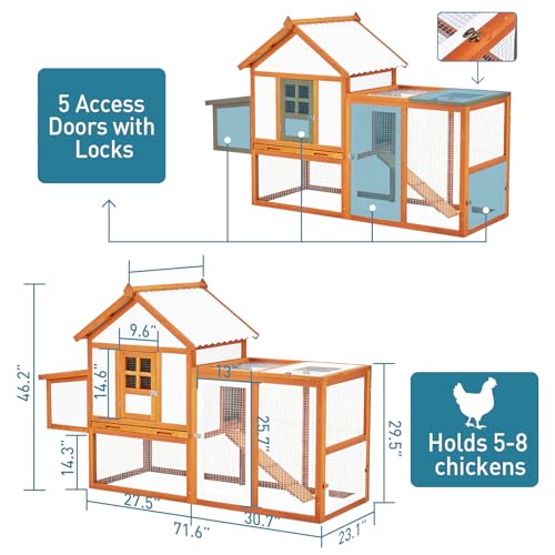 Outdoor Chicken Coop Wooden Hen House with Run, Poultry Cage w/Ramps, Nesting Box, 4 Access Areas, Wire Fence, Removable Bottom for Easy Cleaning